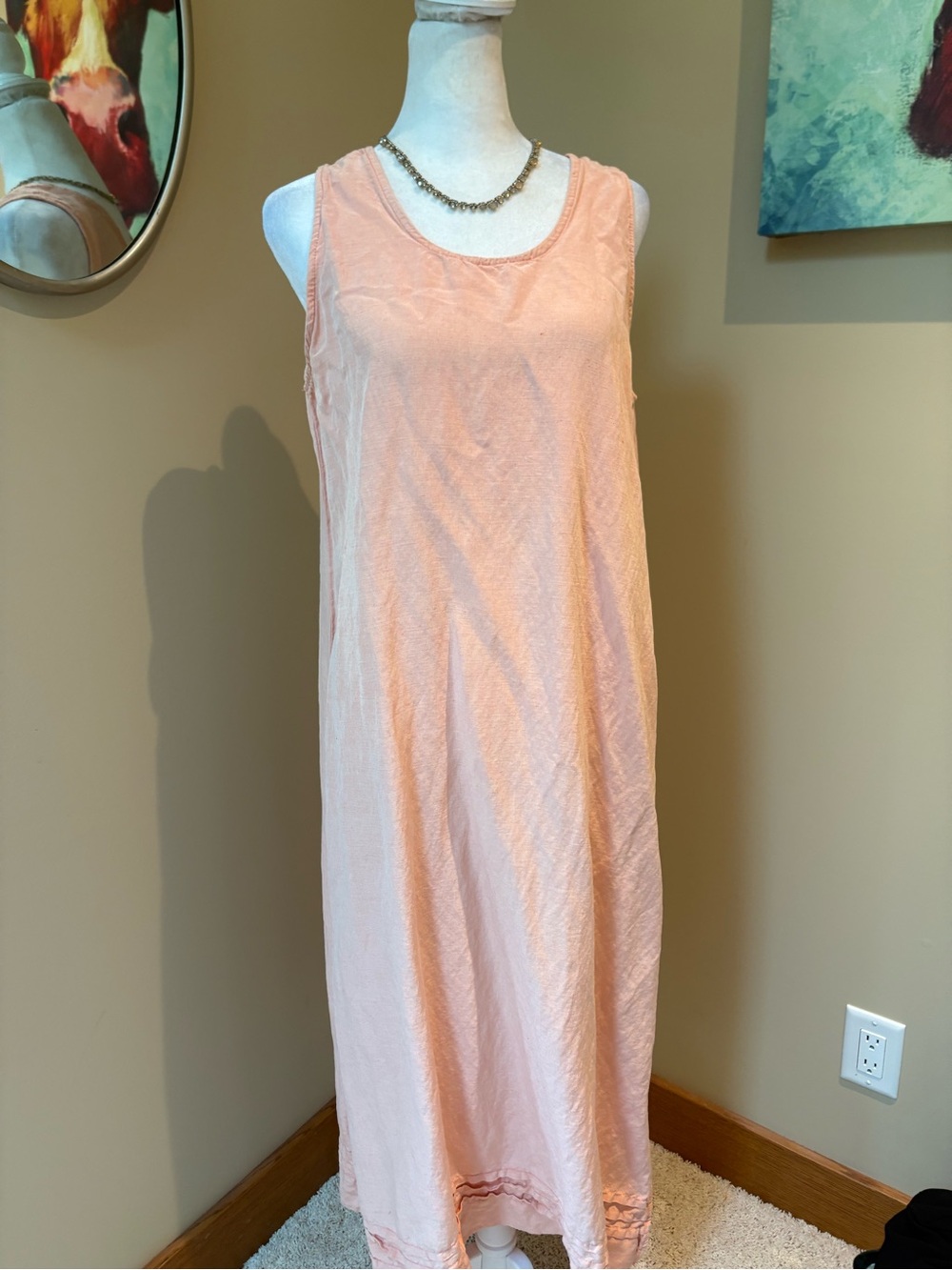 Bowman NYC Sleeveless Peach Maxi Dress Pleated Hem Cotton Linen M